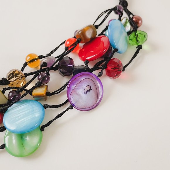 Premier Designs Bright Colorful Shell Glass Beaded Cord Funky Statement Necklace - Picture 5 of 12